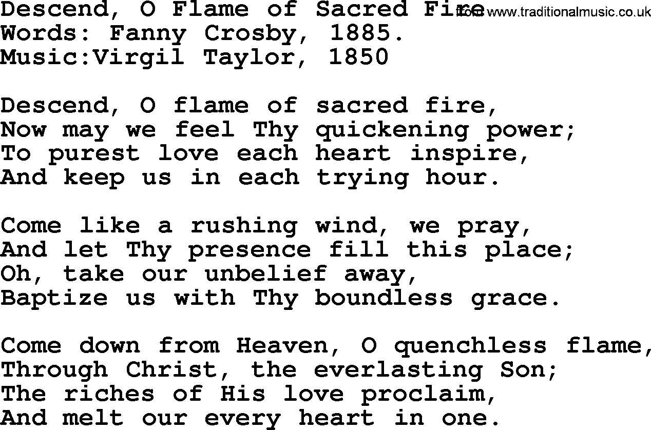 Pentacost Hymns, Hymn: Descend, O Flame Of Sacred Fire, lyrics with PDF