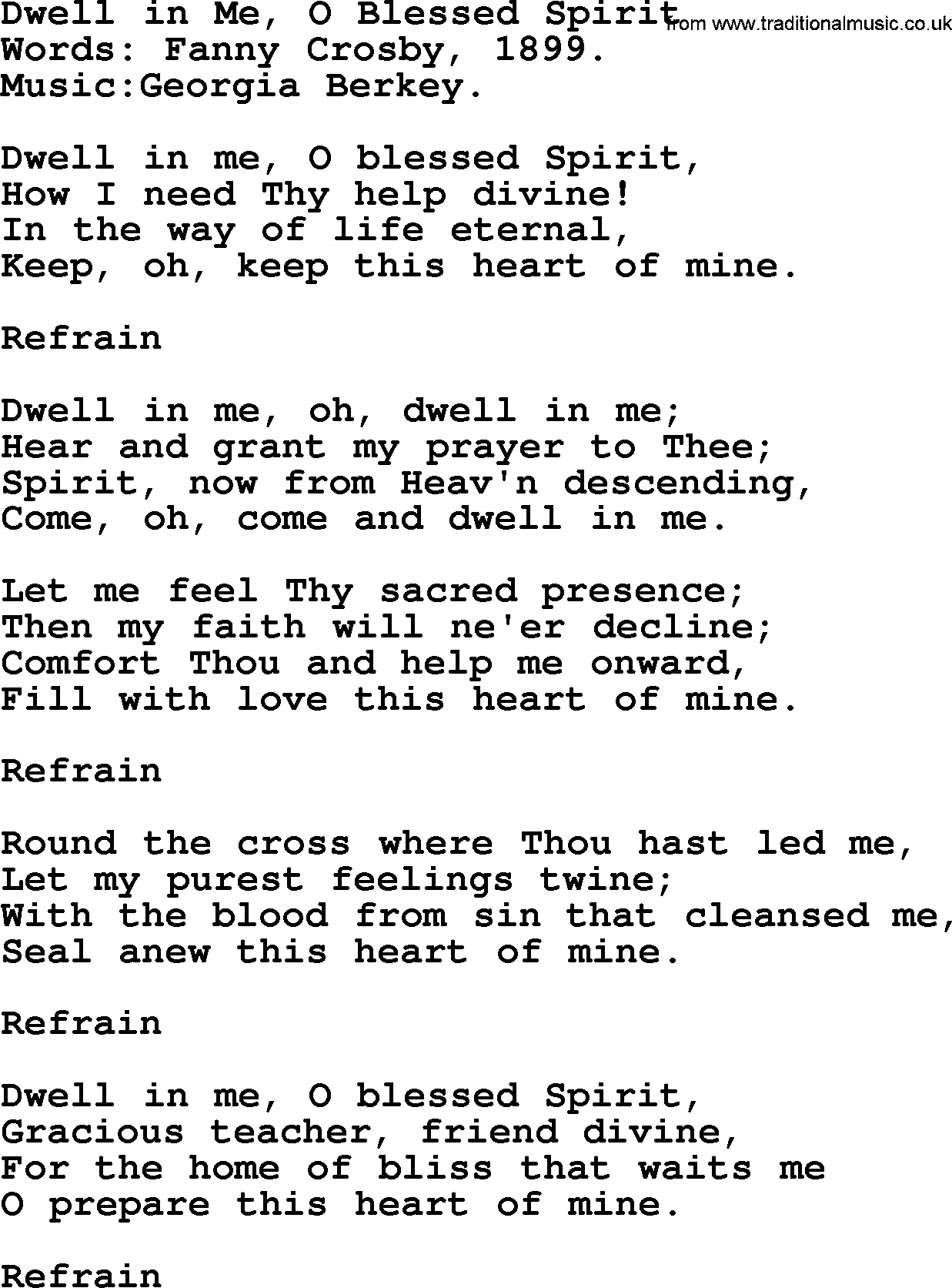 Pentacost Hymns, Hymn: Dwell In Me, O Blessed Spirit, lyrics with PDF