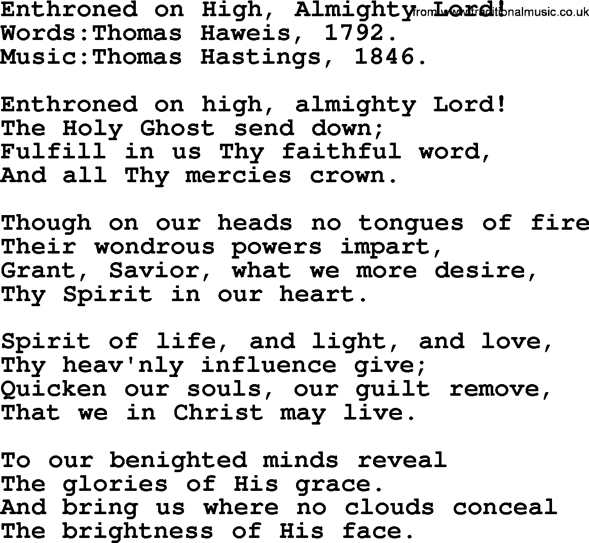 Pentacost Hymns, Hymn: Enthroned On High, Almighty Lord!, lyrics with PDF