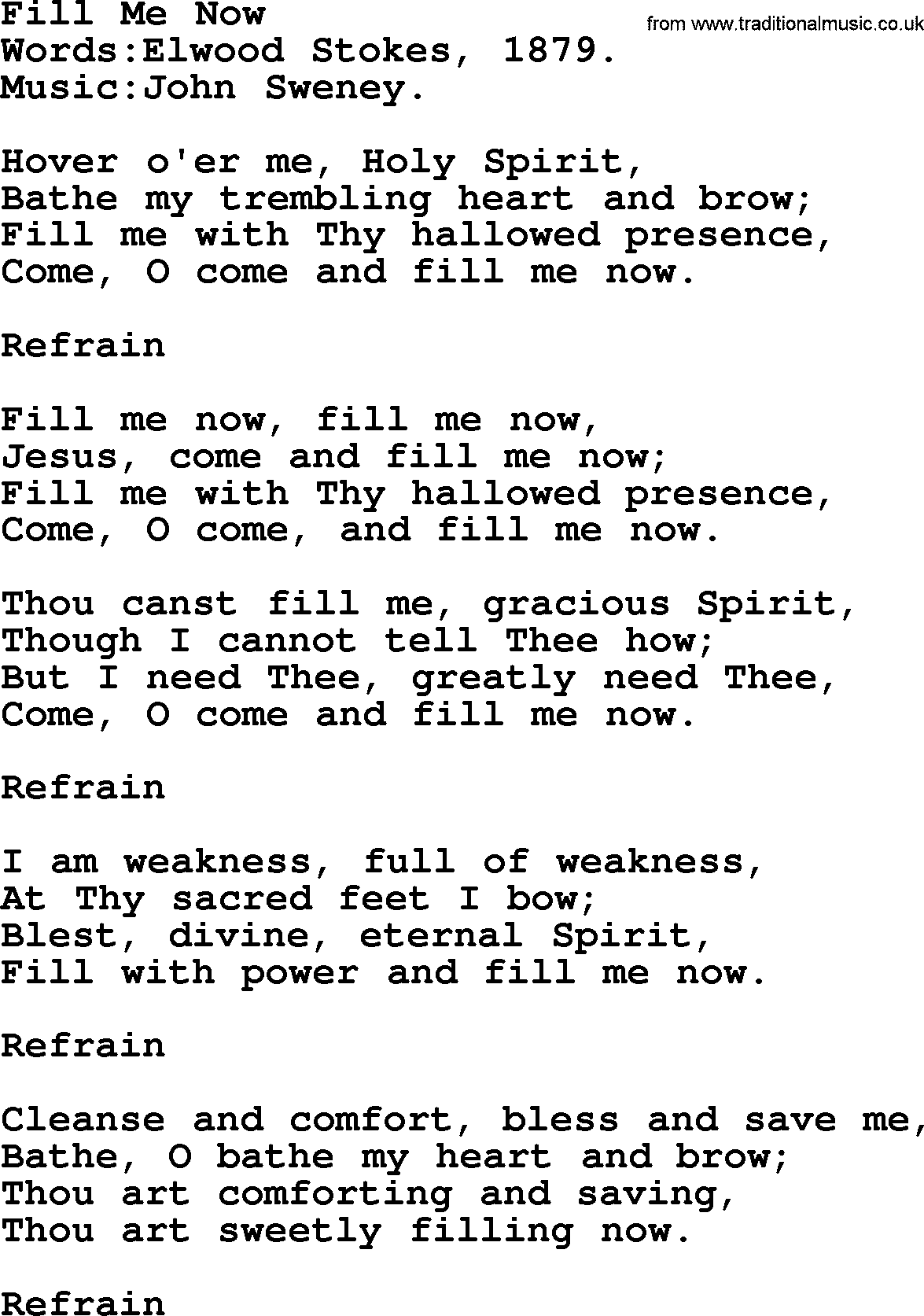 Pentacost Hymns, Hymn: Fill Me Now, lyrics with PDF