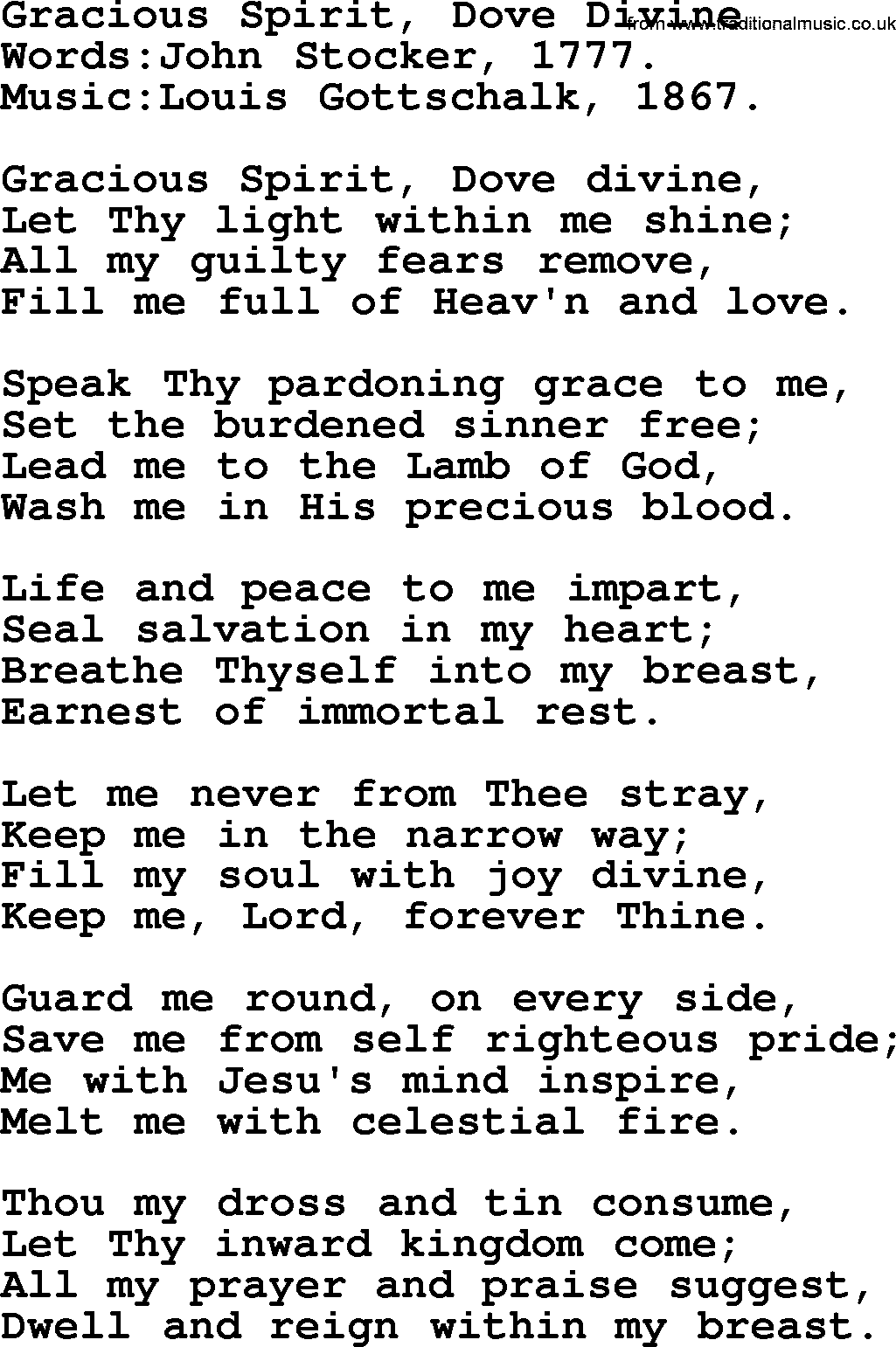 Pentacost Hymns, Hymn: Gracious Spirit, Dove Divine, lyrics with PDF