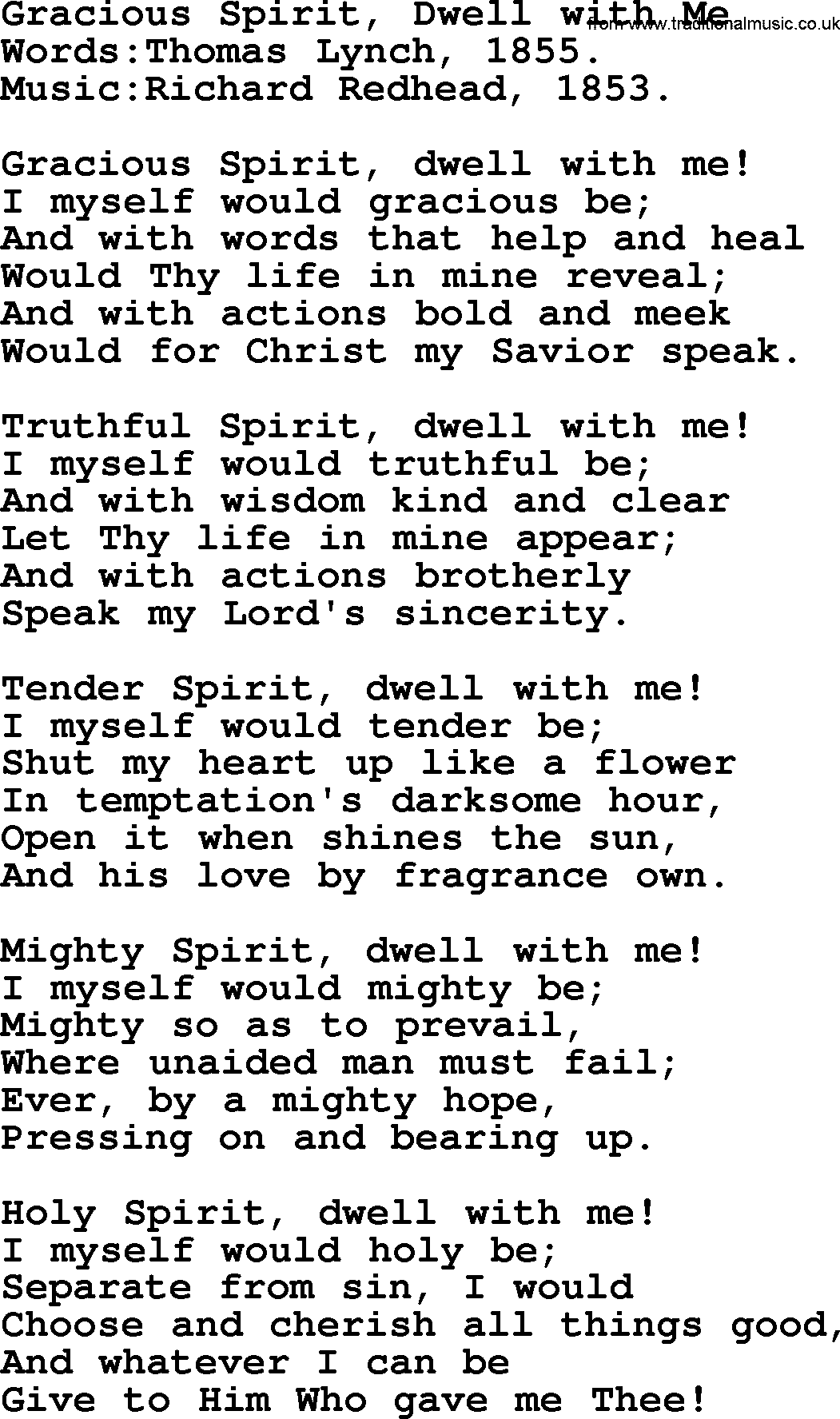 Pentacost Hymns, Hymn: Gracious Spirit, Dwell With Me, lyrics with PDF