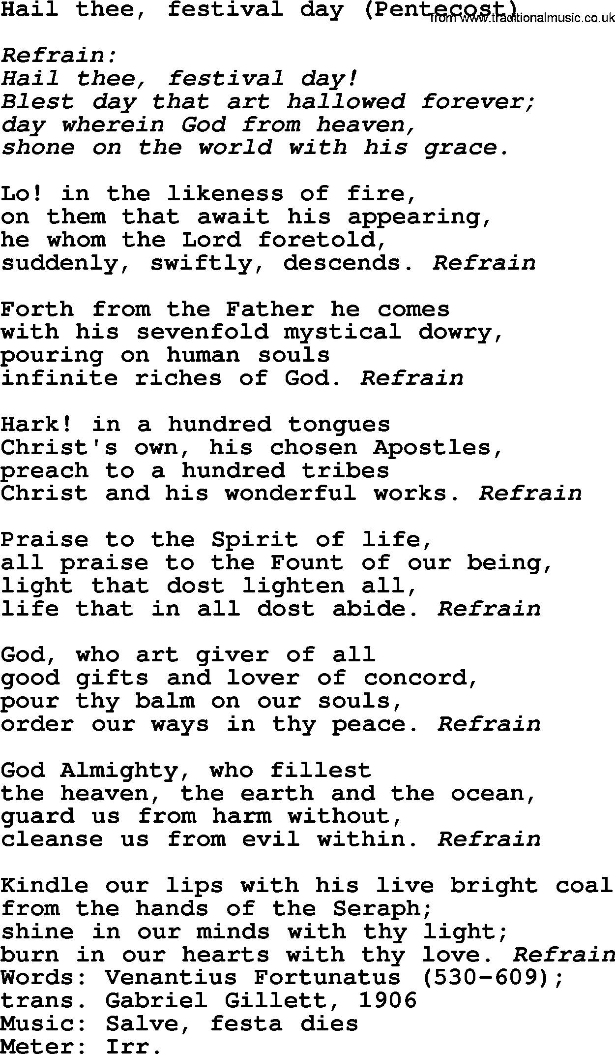 Pentacost Hymns, Hymn: Hail Thee, Festival Day (Pentecost), lyrics with PDF