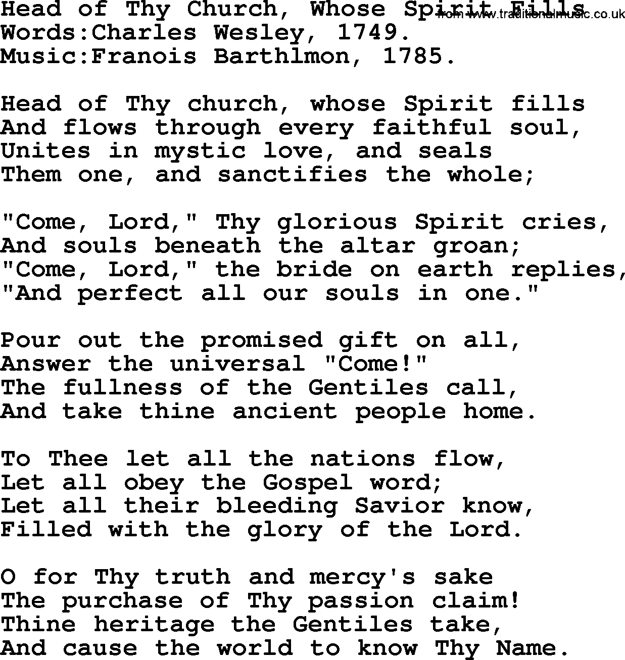 Pentacost Hymns, Hymn: Head Of Thy Church, Whose Spirit Fills, lyrics with PDF
