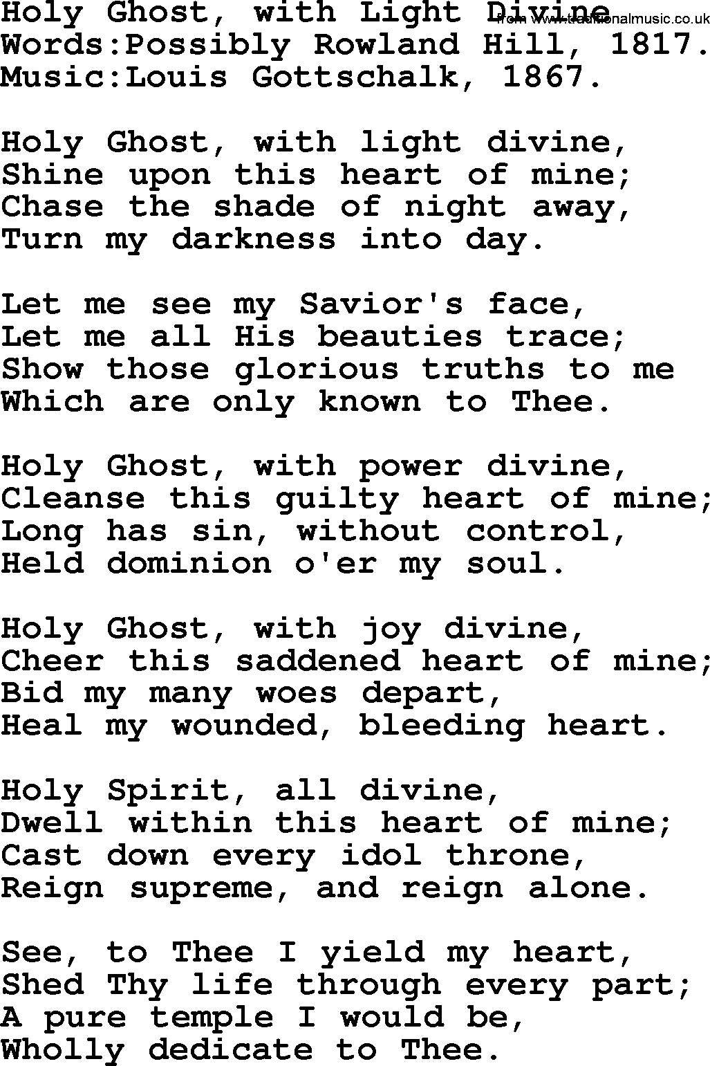 Pentacost Hymns, Hymn: Holy Ghost, With Light Divine, lyrics with PDF