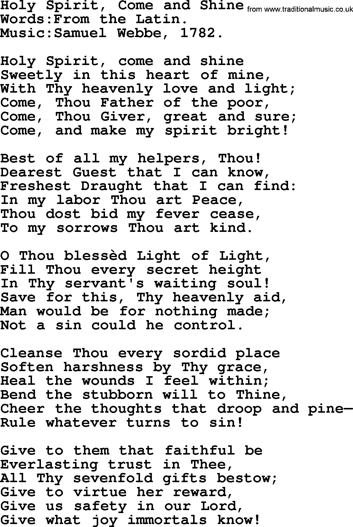 Pentacost Hymns, Hymn: Holy Spirit, Come And Shine, lyrics with PDF