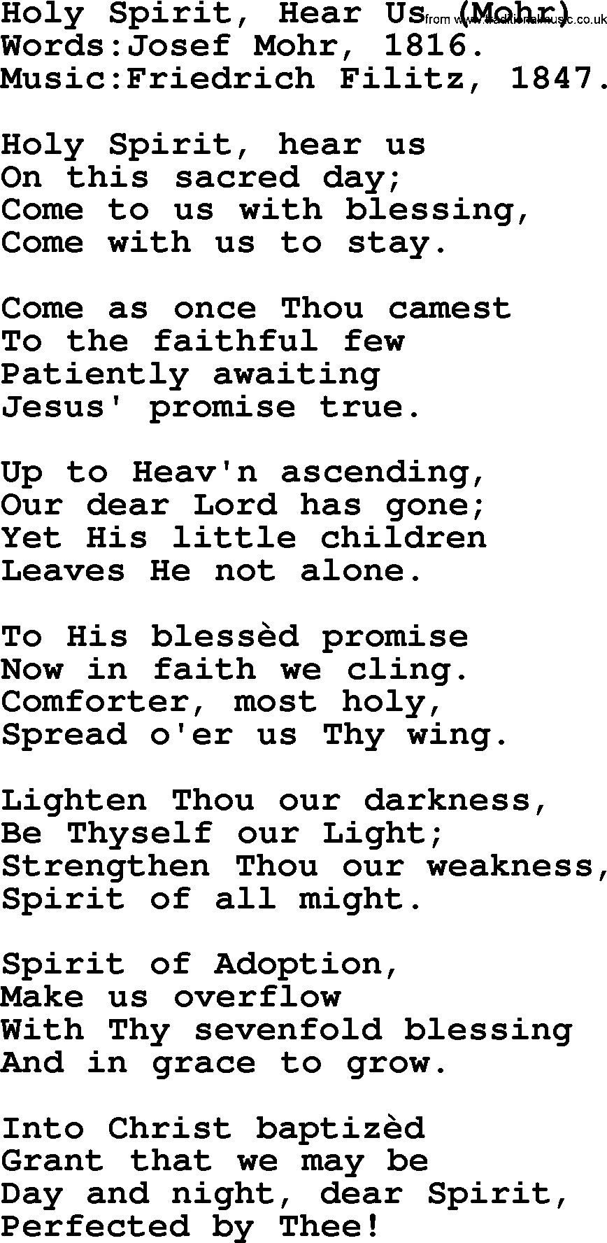 Pentacost Hymns, Hymn: Holy Spirit, Hear Us (Mohr), lyrics with PDF