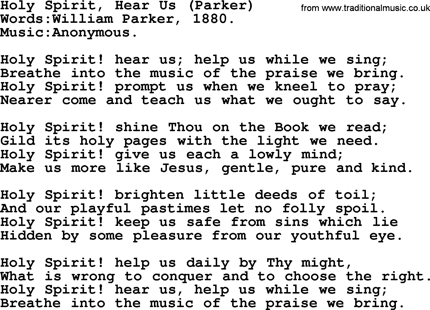 Pentacost Hymns, Hymn: Holy Spirit, Hear Us (Parker), lyrics with PDF