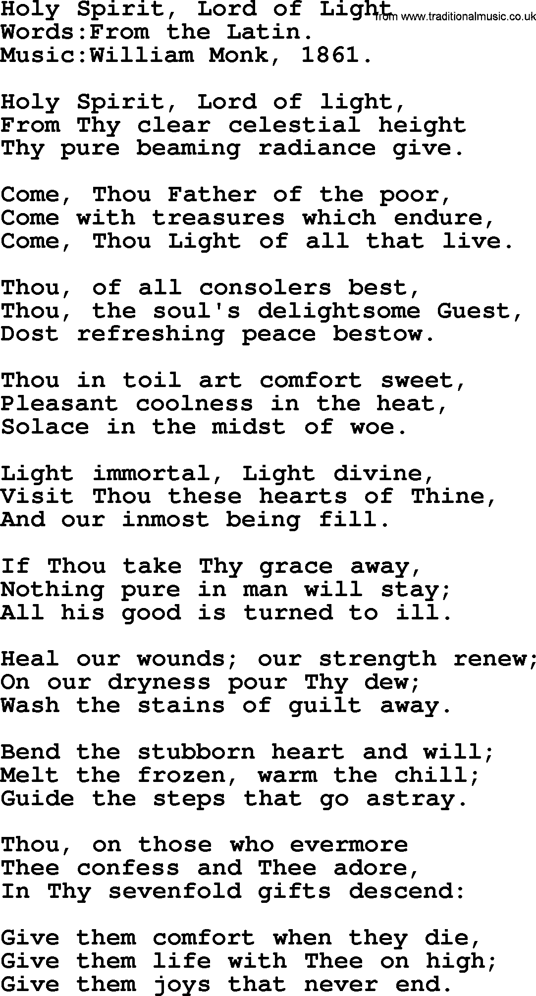 Pentacost Hymns, Hymn: Holy Spirit, Lord Of Light, lyrics with PDF