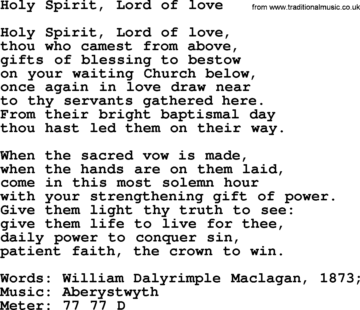 Pentacost Hymns, Hymn: Holy Spirit, Lord Of Love, lyrics with PDF