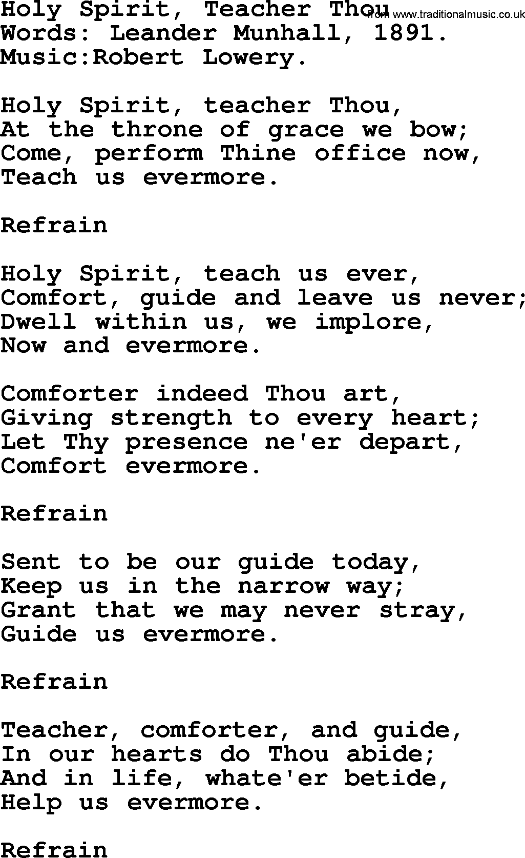 Pentacost Hymns, Hymn: Holy Spirit, Teacher Thou, lyrics with PDF