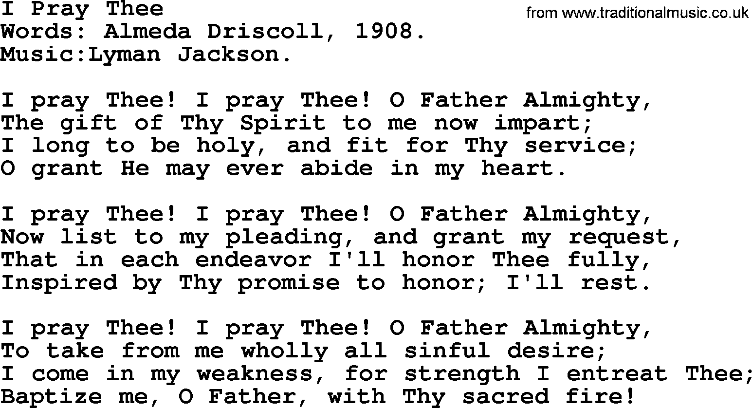 Pentacost Hymns, Hymn: I Pray Thee, lyrics with PDF