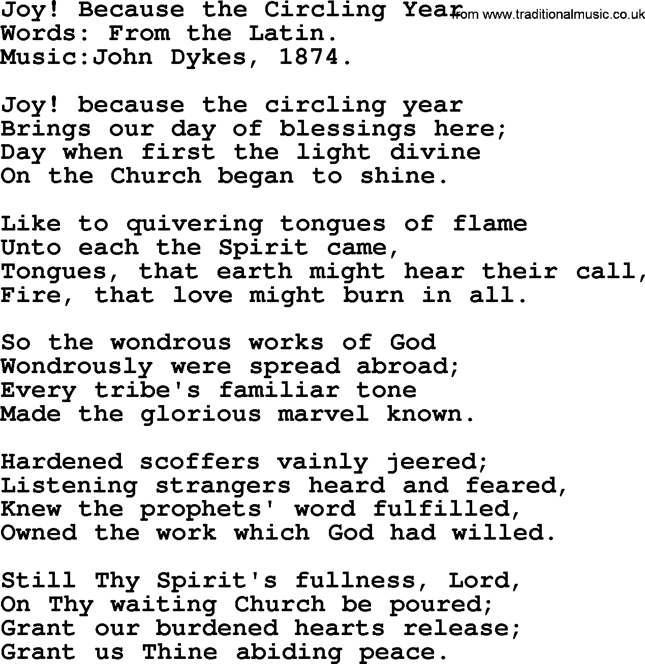 Pentacost Hymns, Hymn: Joy! Because The Circling Year, lyrics with PDF