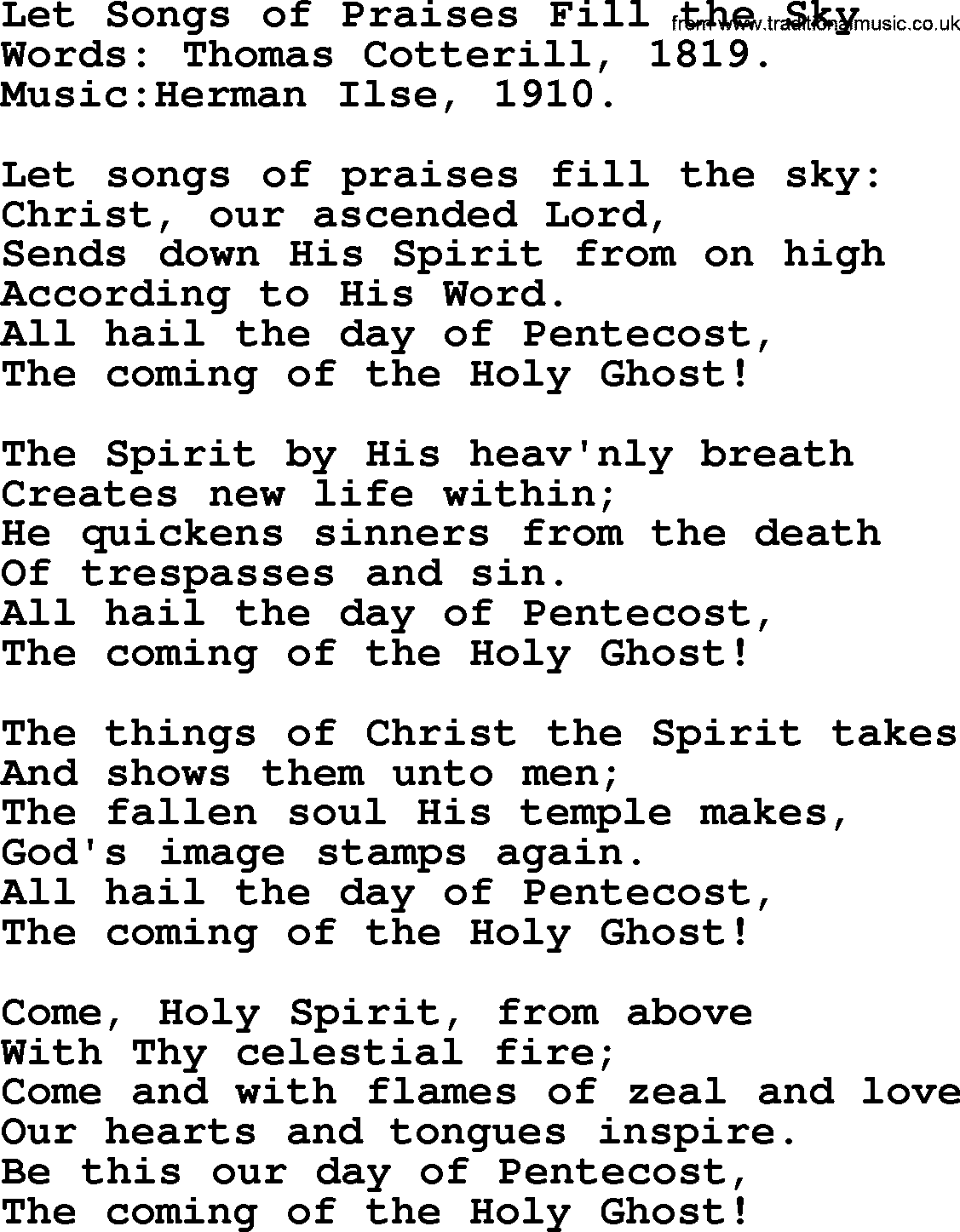Pentacost Hymns, Hymn: Let Songs Of Praises Fill The Sky, lyrics with PDF
