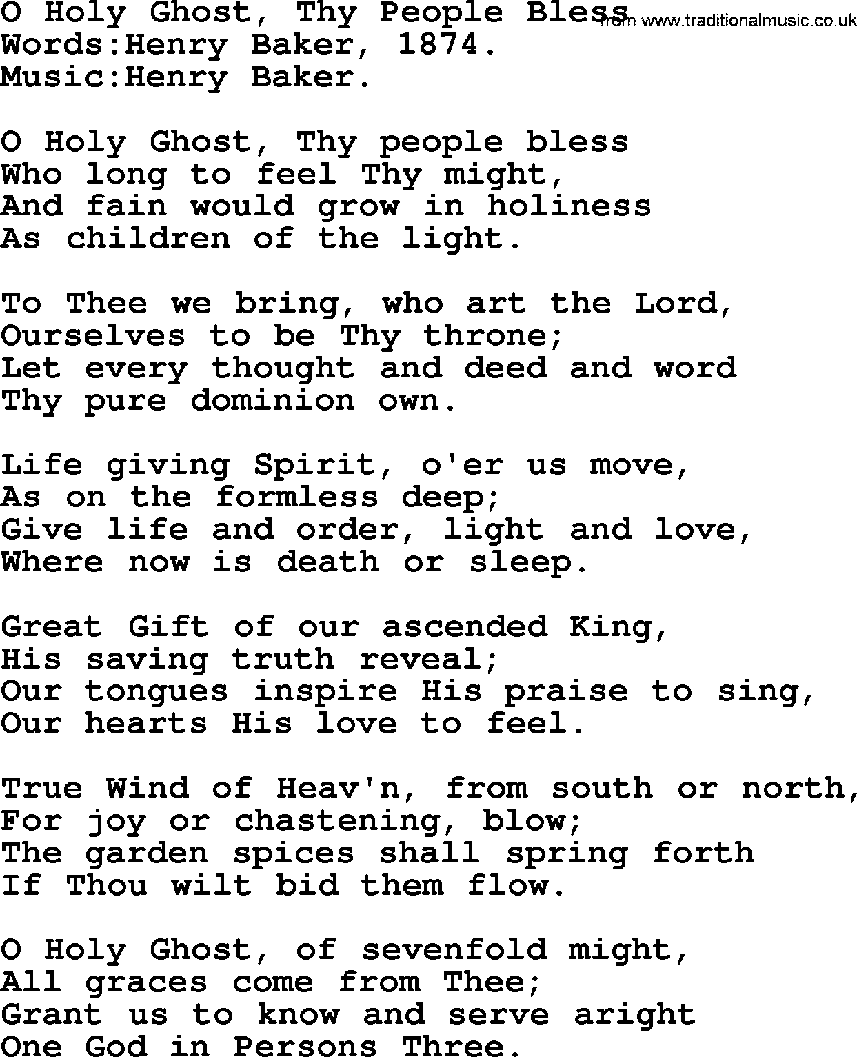 Pentacost Hymns, Hymn: O Holy Ghost, Thy People Bless, lyrics with PDF