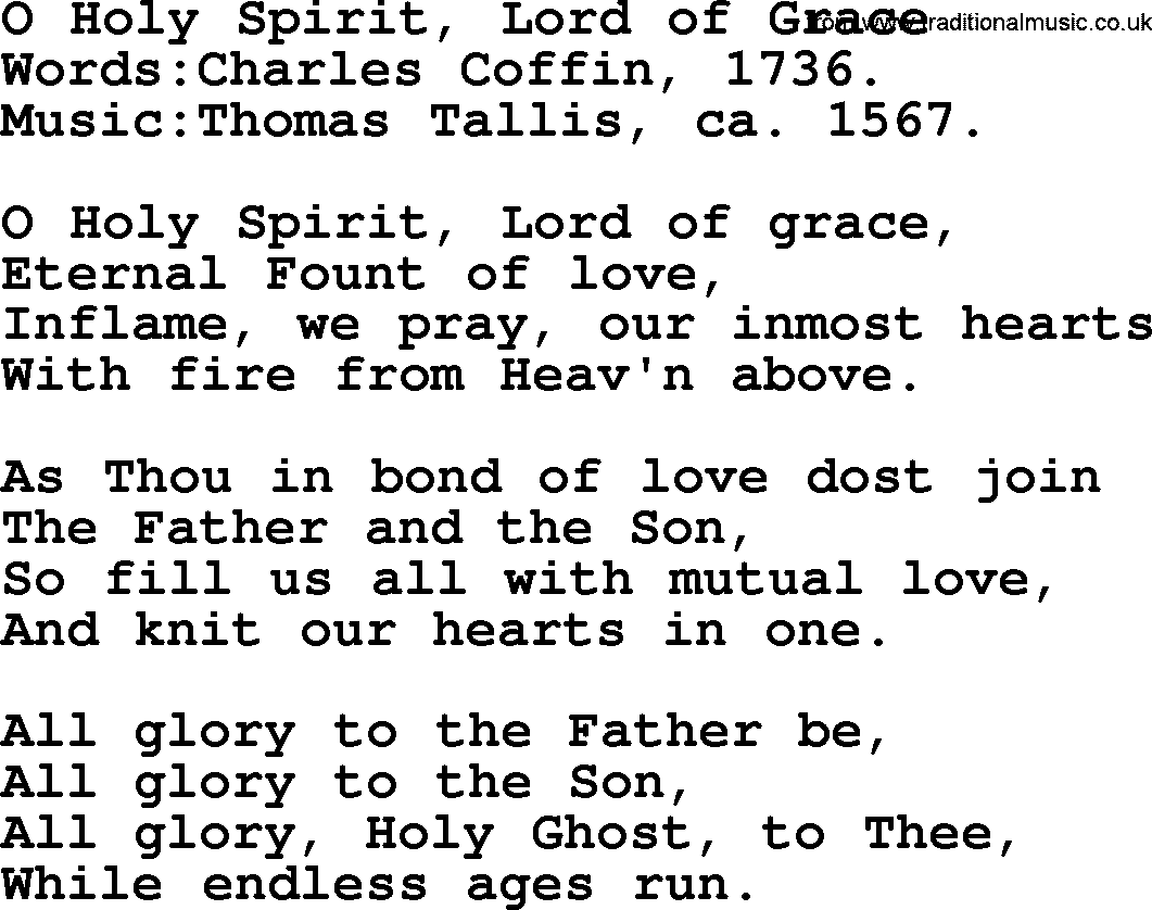 Pentacost Hymns, Hymn: O Holy Spirit, Lord Of Grace, lyrics with PDF