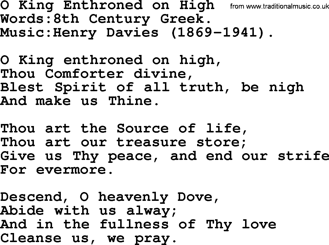Pentacost Hymns, Hymn: O King Enthroned On High, lyrics with PDF