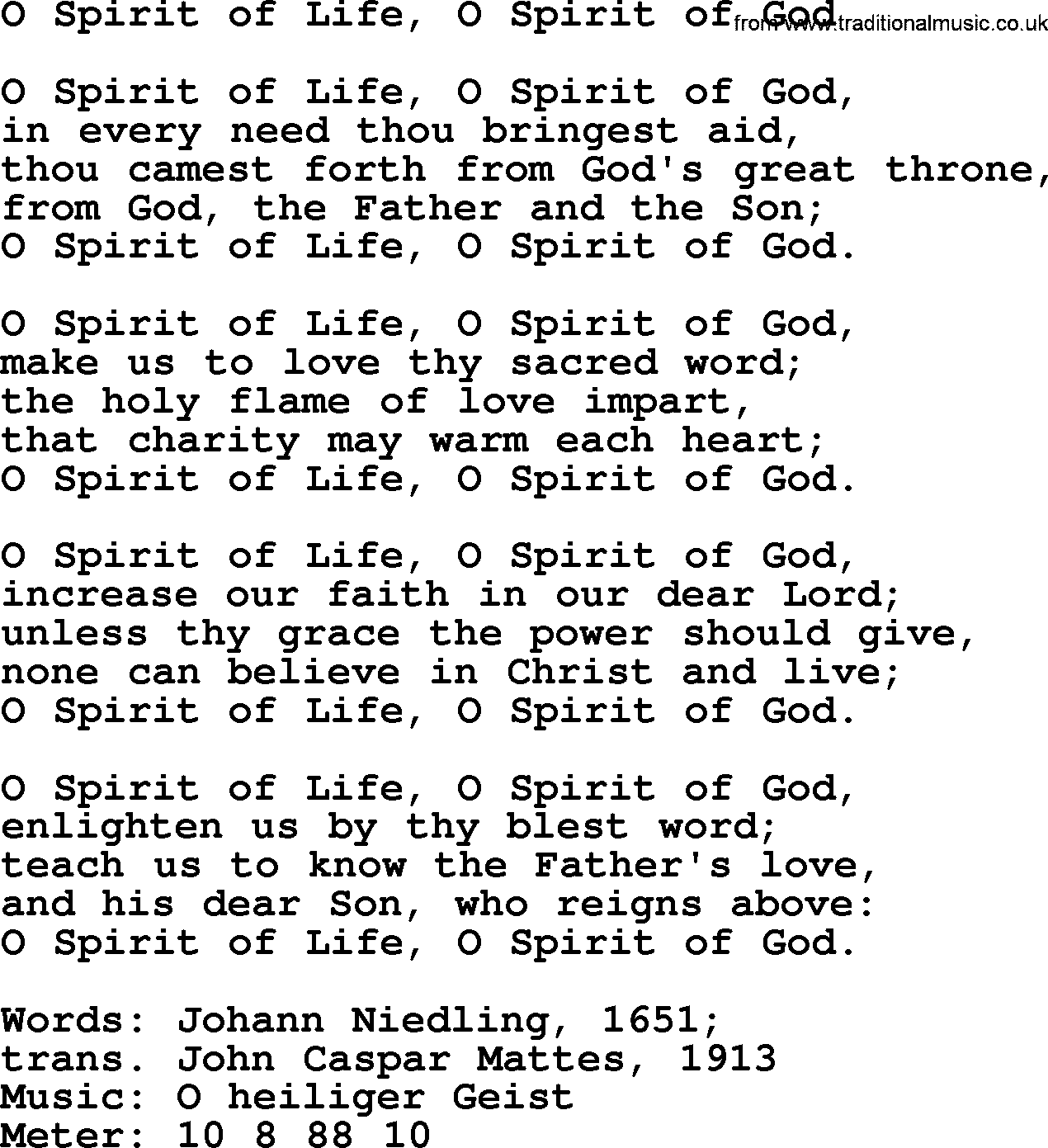Pentacost Hymns, Hymn: O Spirit Of Life, O Spirit Of God, lyrics with PDF
