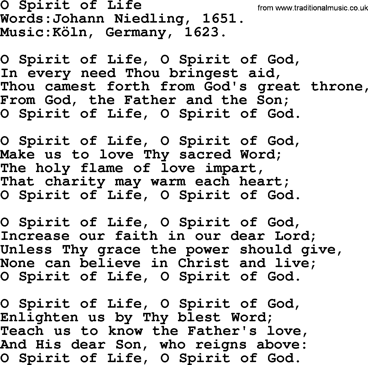 Pentacost Hymns, Hymn: O Spirit Of Life, lyrics with PDF