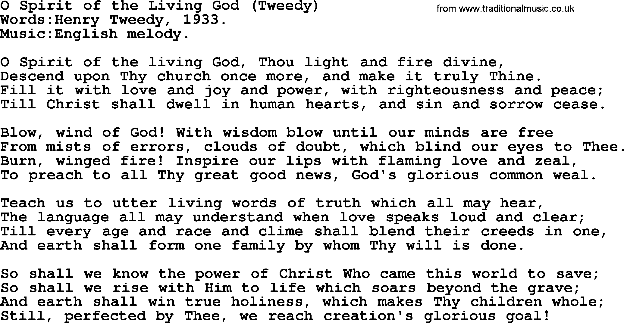 Pentacost Hymns, Hymn: O Spirit Of The Living God (Tweedy), lyrics with PDF