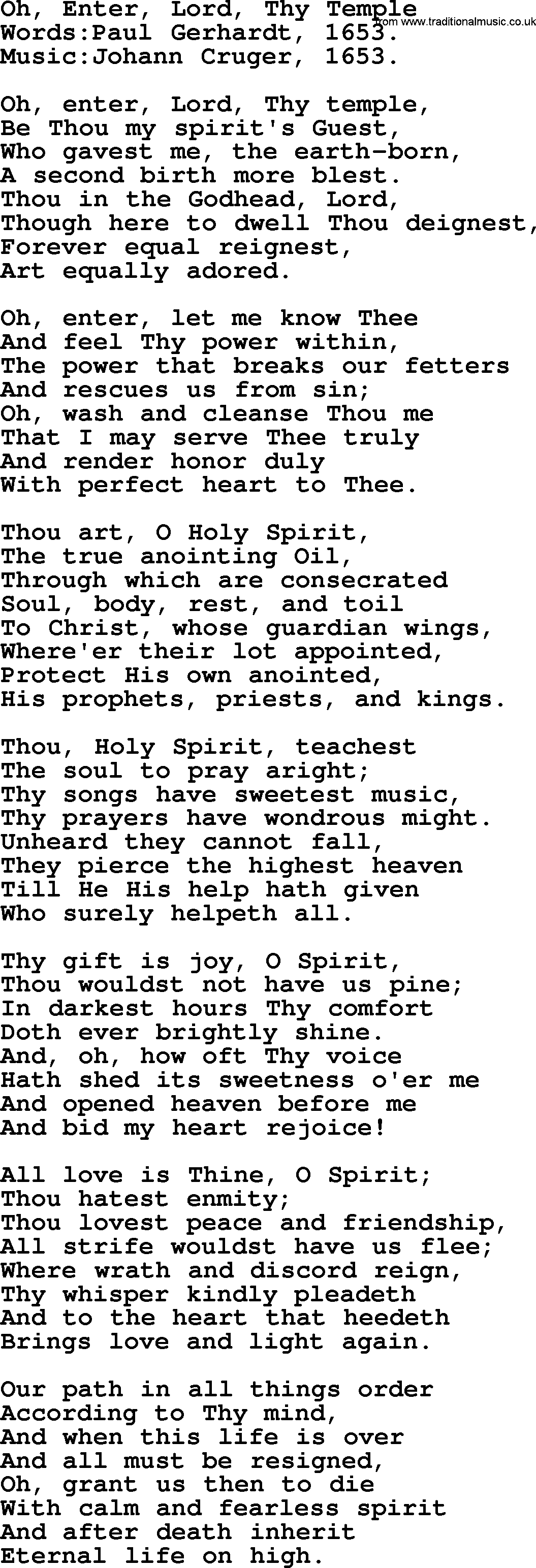 Pentacost Hymns, Hymn: Oh, Enter, Lord, Thy Temple, lyrics with PDF