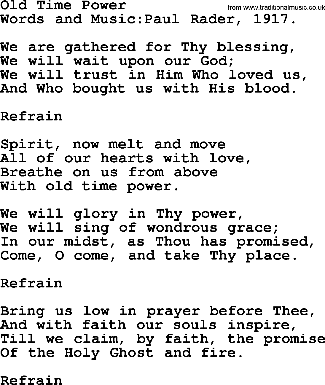 Pentacost Hymns, Hymn: Old Time Power, lyrics with PDF