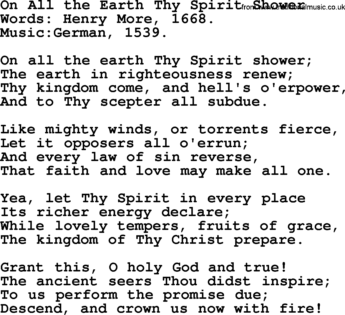 Pentacost Hymns, Hymn: On All The Earth Thy Spirit Shower, lyrics with PDF