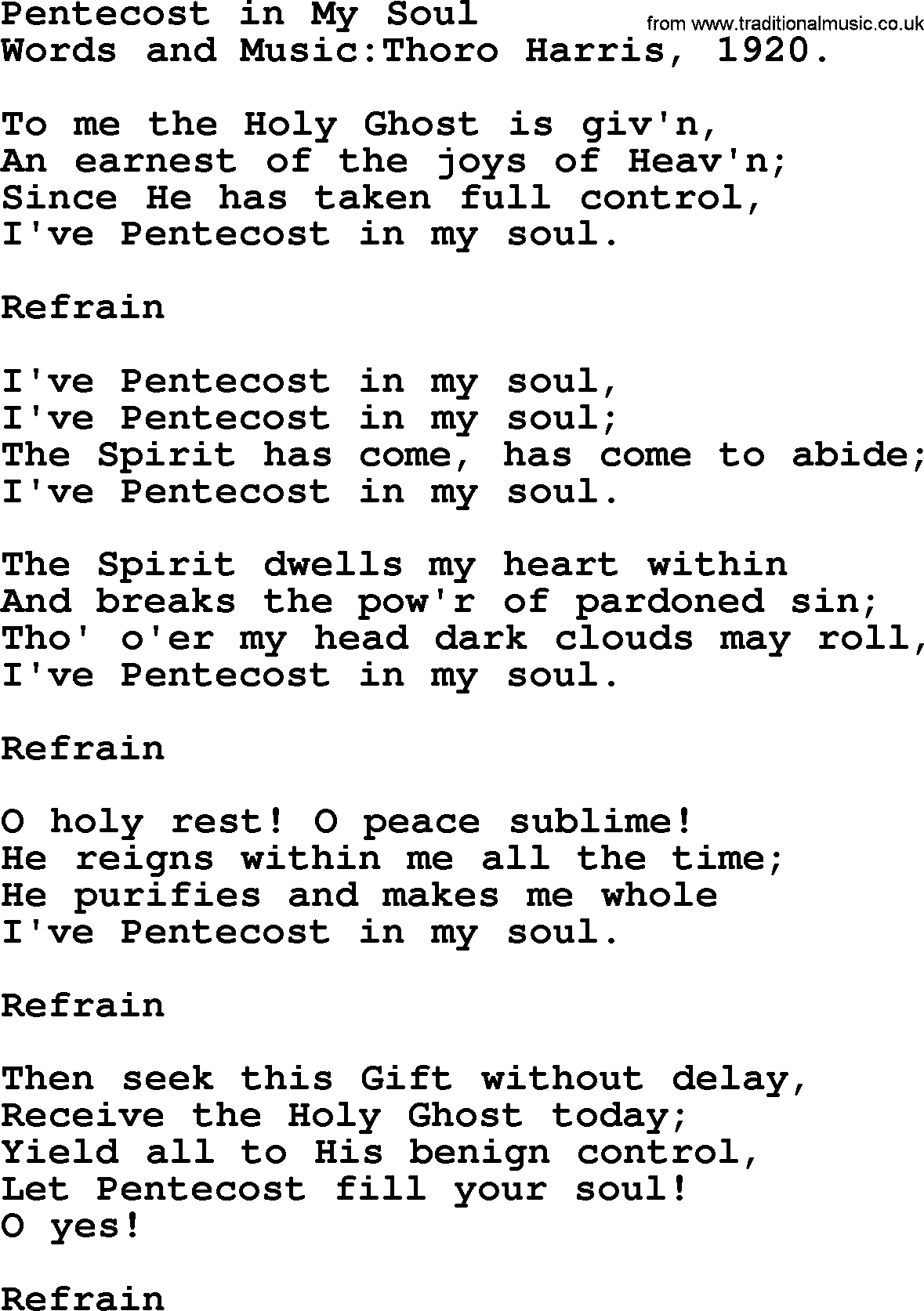 Pentacost Hymns, Hymn: Pentecost In My Soul, lyrics with PDF