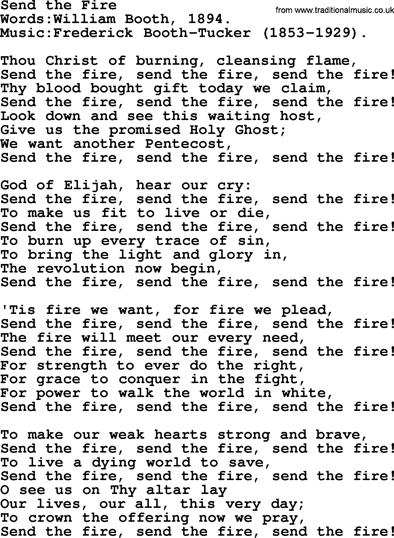 Pentacost Hymns, Hymn: Send The Fire, lyrics with PDF