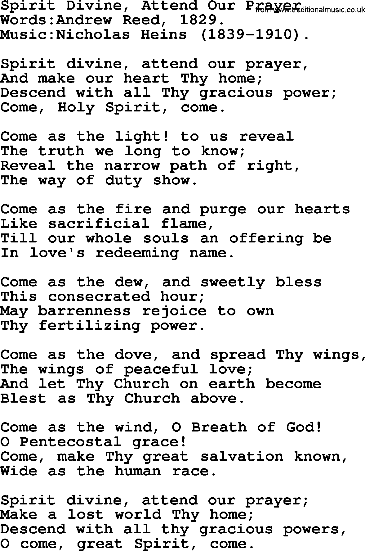 Pentacost Hymns, Hymn: Spirit Divine, Attend Our Prayer, lyrics with PDF