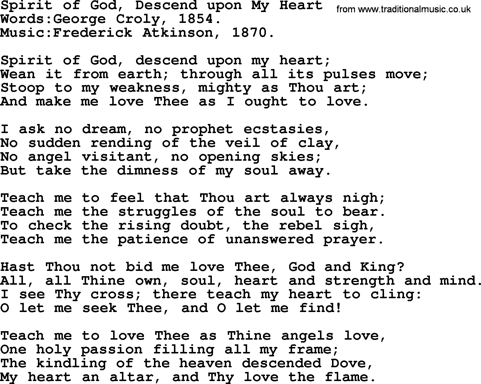 Pentacost Hymns, Hymn: Spirit Of God, Descend Upon My Heart, lyrics with PDF