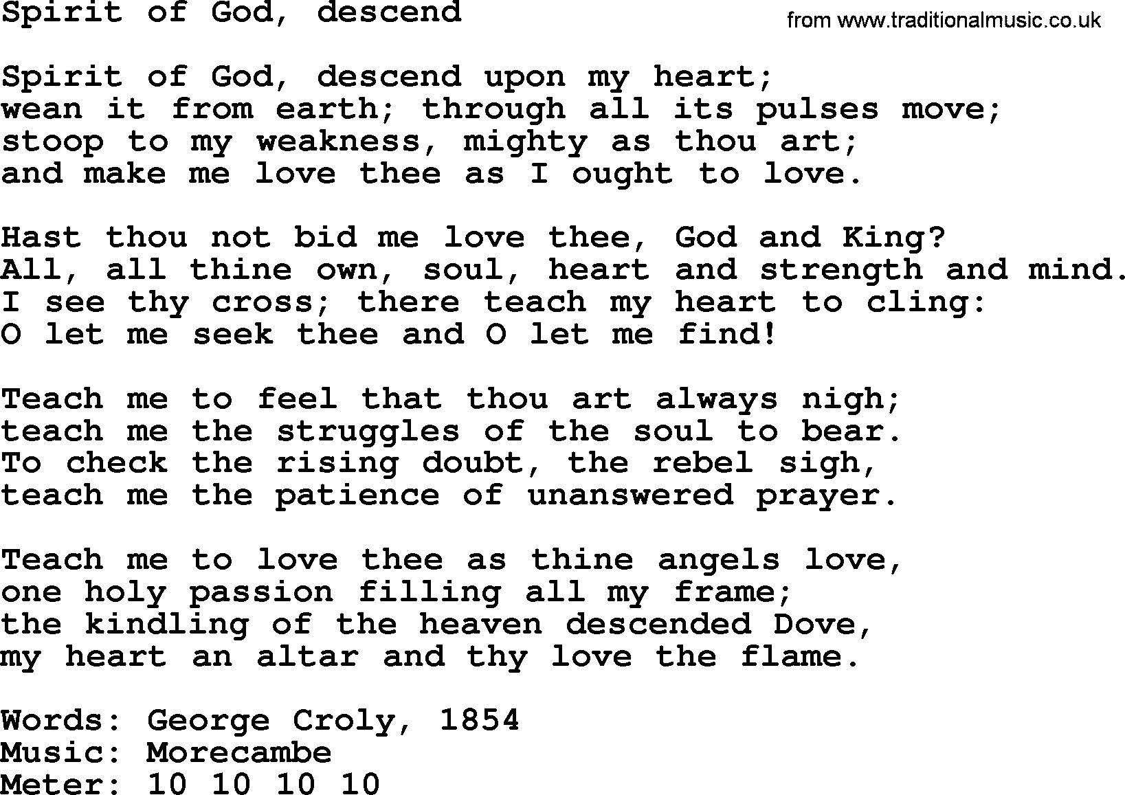 Pentacost Hymns, Hymn: Spirit Of God, Descend, lyrics with PDF