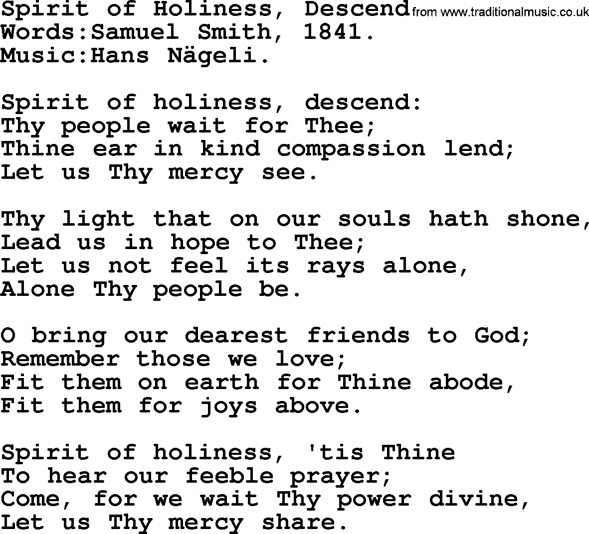 Pentacost Hymns, Hymn: Spirit Of Holiness, Descend, lyrics with PDF