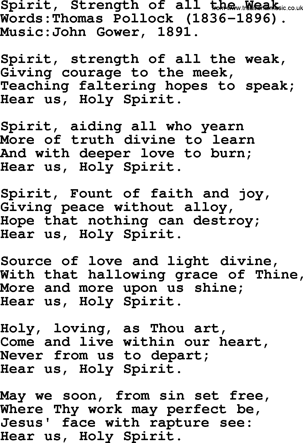 Pentacost Hymns, Hymn: Spirit, Strength Of All The Weak, lyrics with PDF