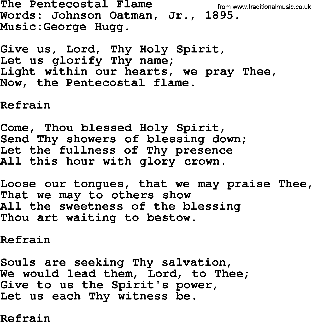 Pentacost Hymns, Hymn: The Pentecostal Flame, lyrics with PDF