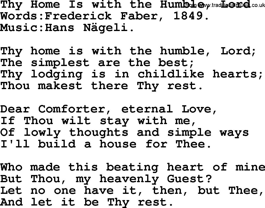 Pentacost Hymns, Hymn: Thy Home Is With The Humble, Lord, lyrics with PDF