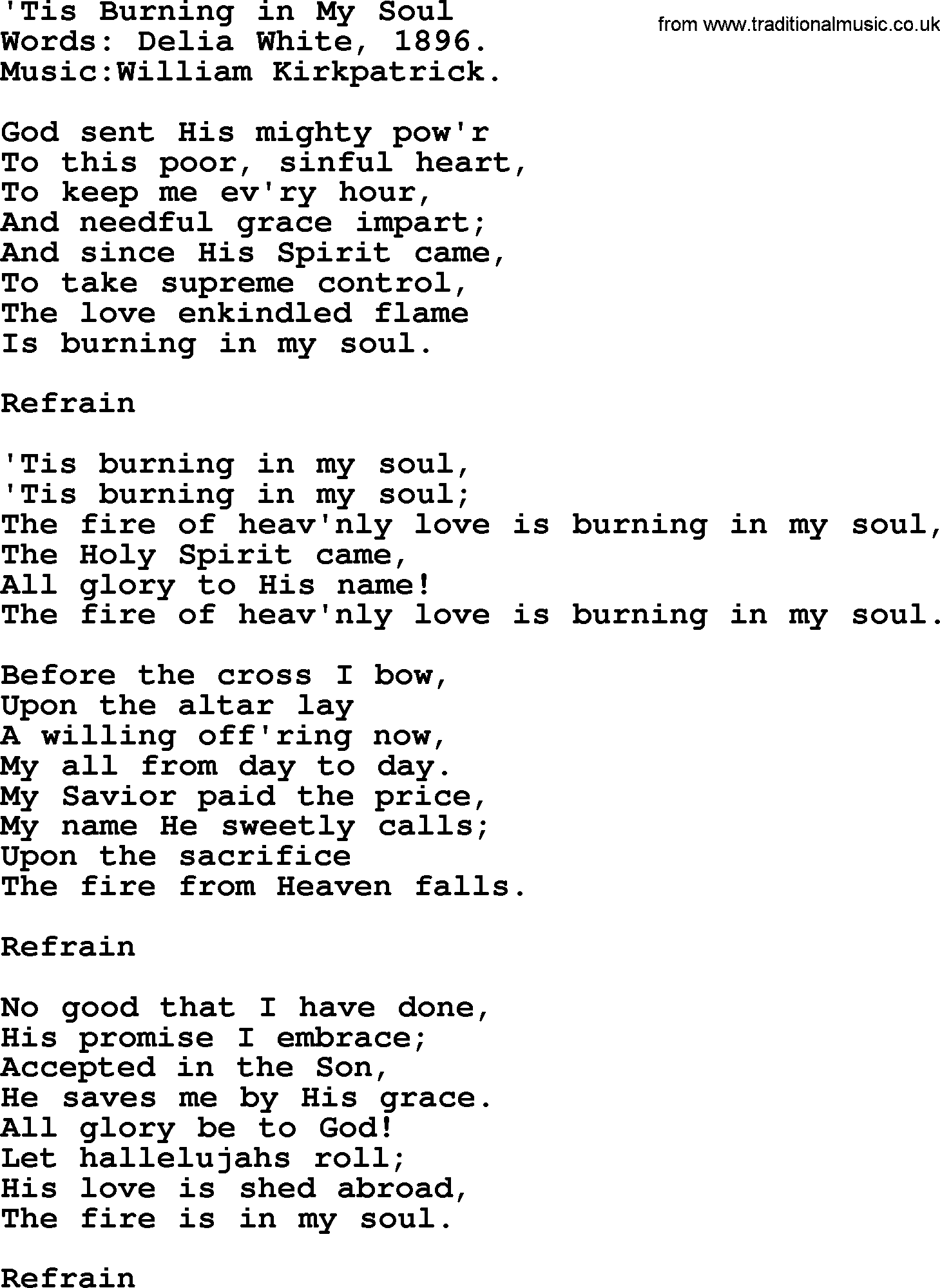Pentacost Hymns, Hymn: Tis Burning In My Soul, lyrics with PDF