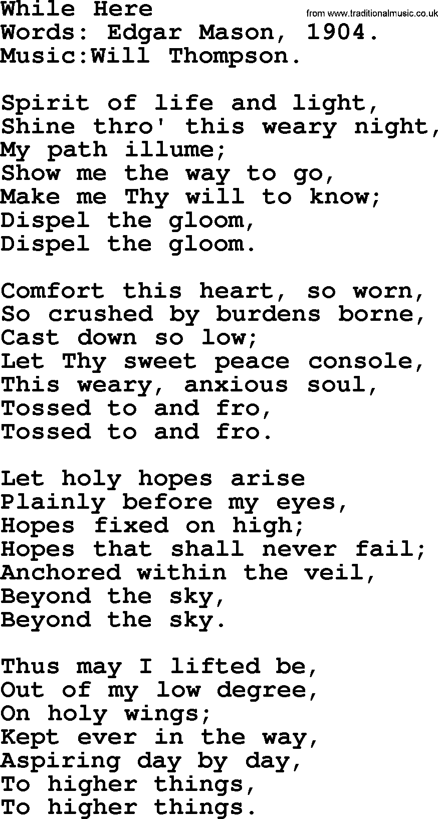 Pentacost Hymns, Hymn: While Here, lyrics with PDF