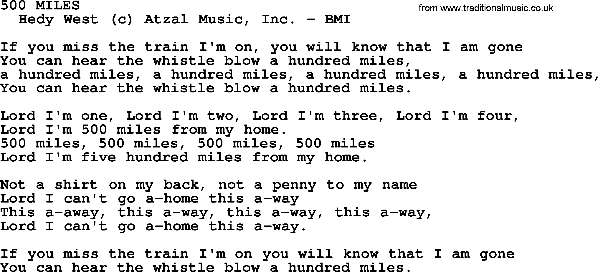 Peter, Paul and Mary song 500 Miles lyrics