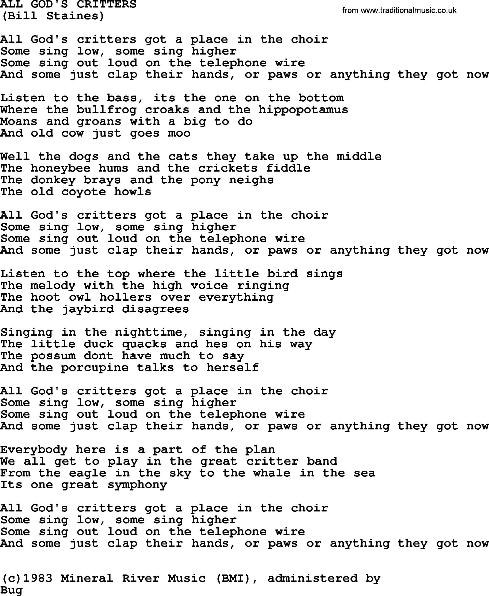 Peter, Paul and Mary song All Gods Critters lyrics
