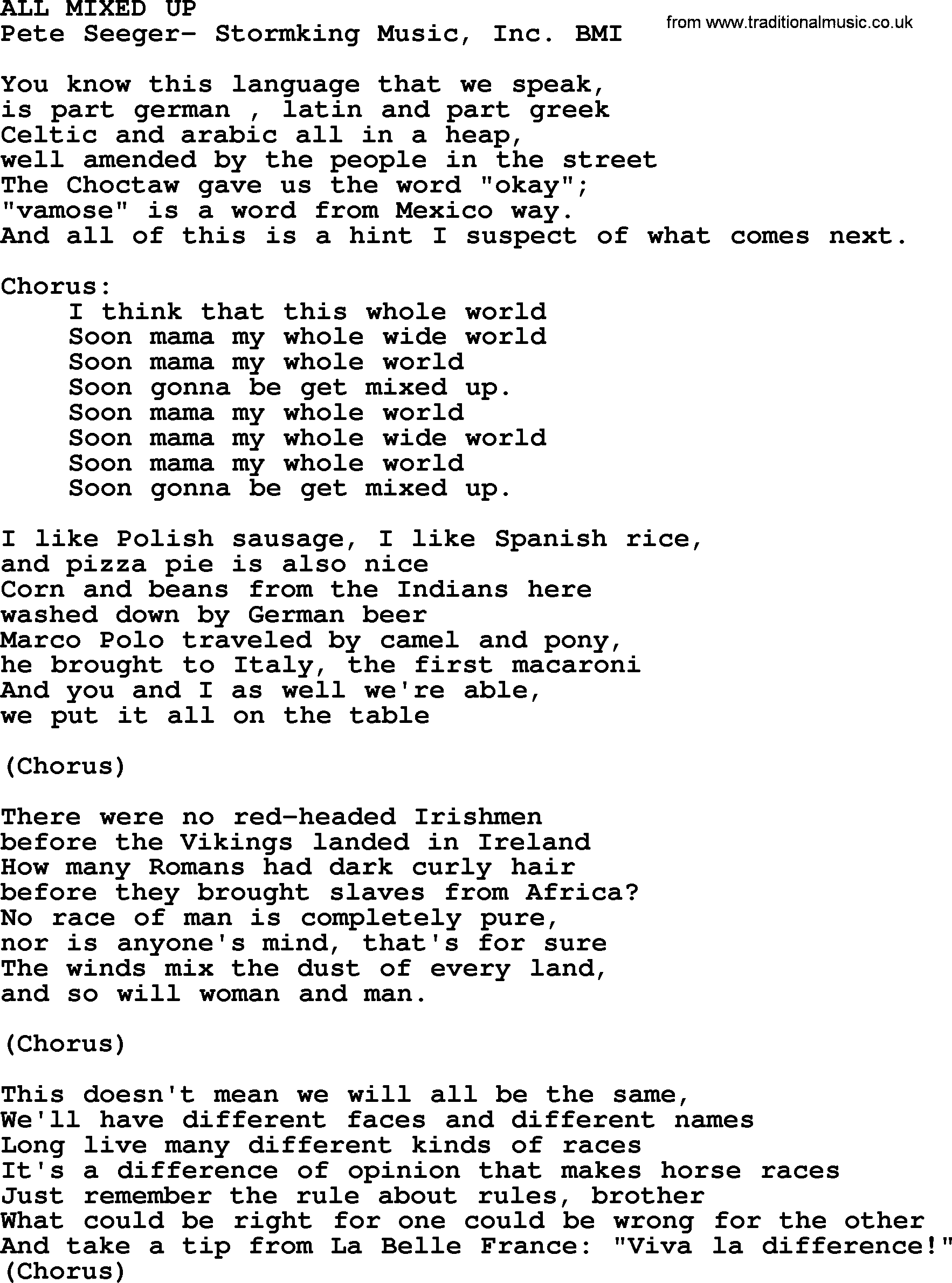 Peter, Paul and Mary song All Mixed Up lyrics