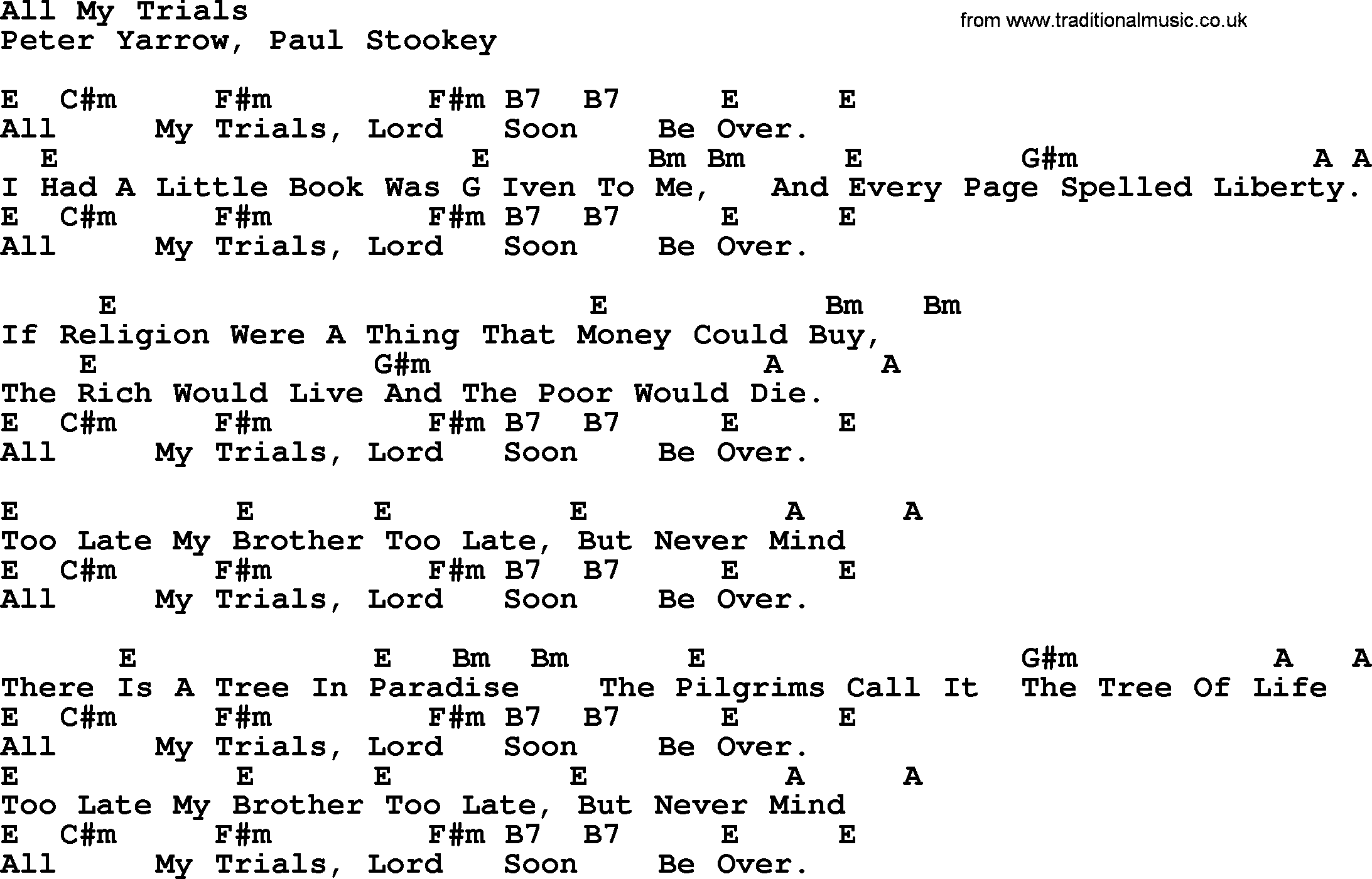 Peter, Paul and Mary song All My Trials, lyrics and chords
