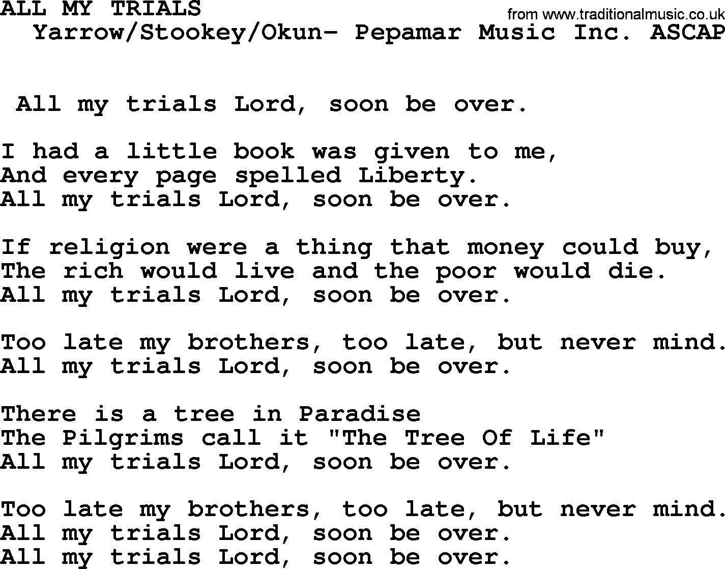 Peter, Paul and Mary song All My Trials lyrics