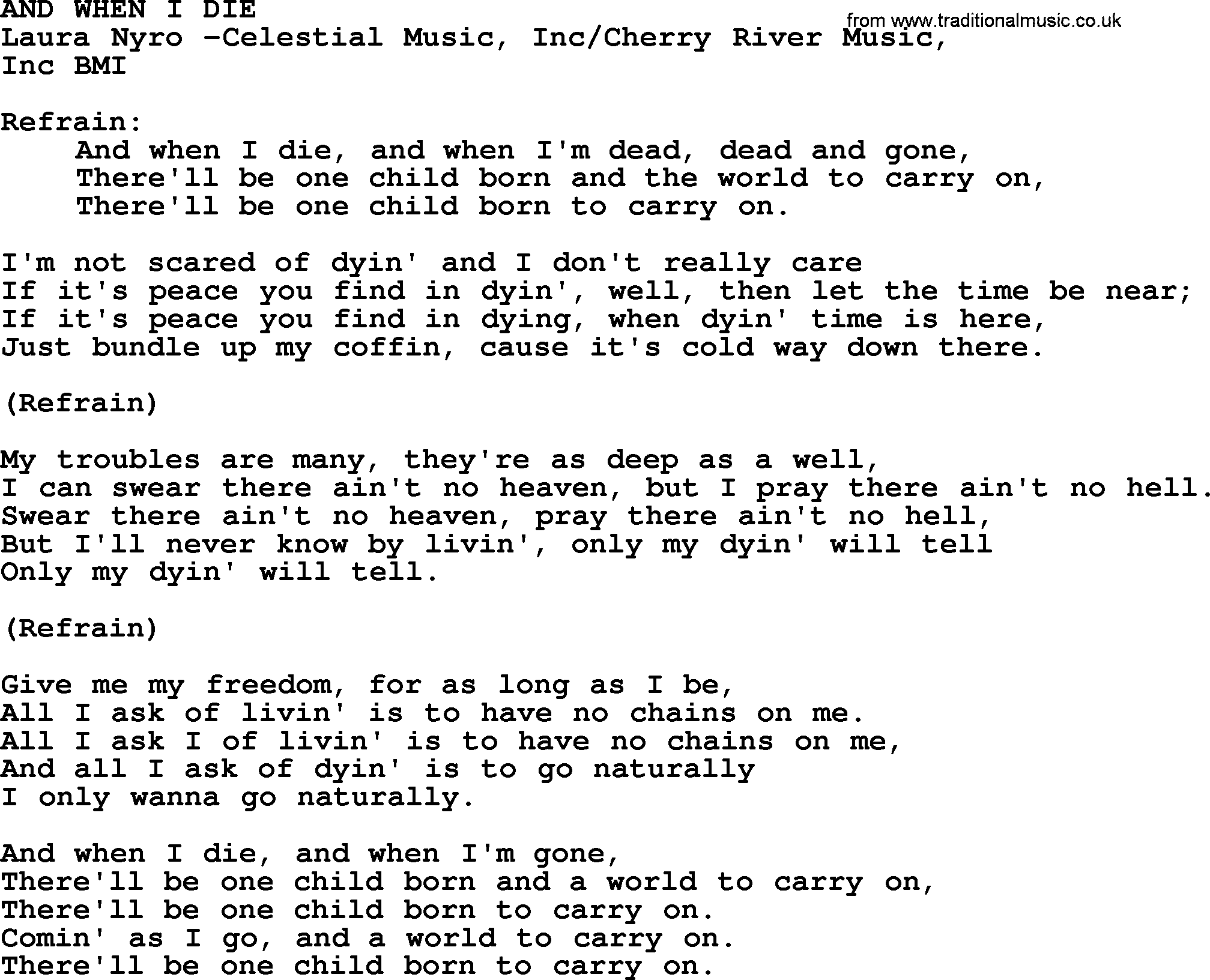 Peter, Paul and Mary song And When I Die lyrics