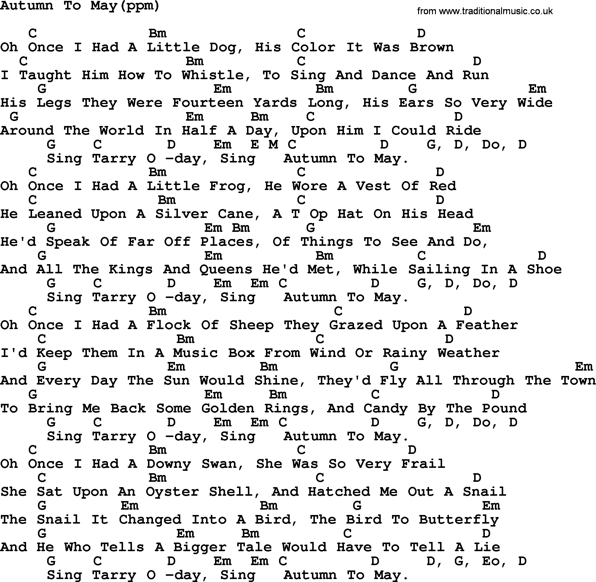 Peter, Paul and Mary song Autumn To May, lyrics and chords