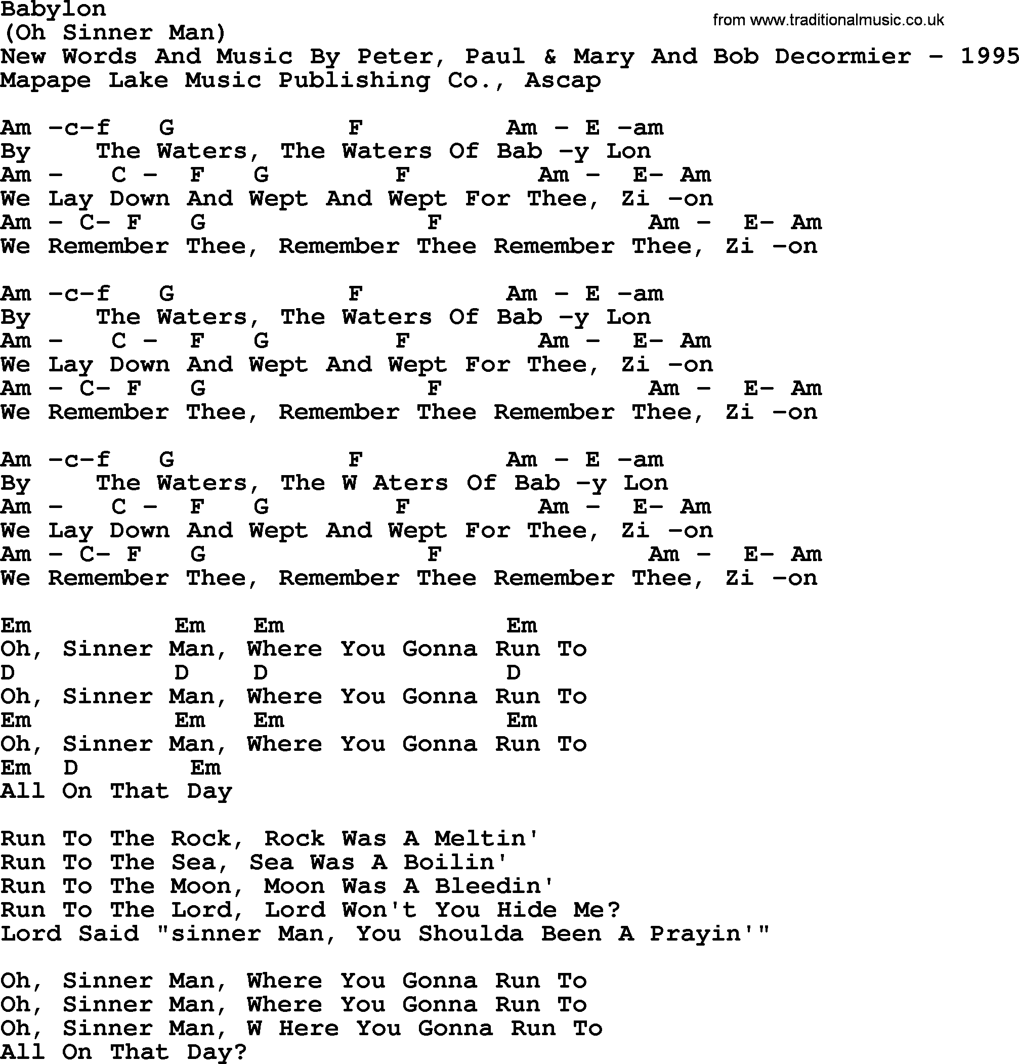 Peter, Paul and Mary song Babylon, lyrics and chords