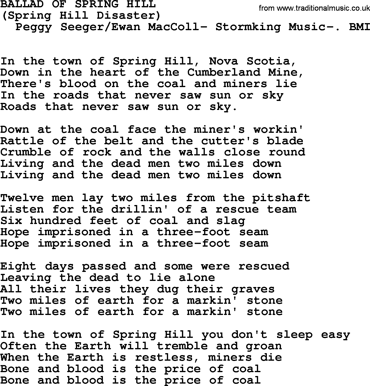 Peter, Paul and Mary song Ballad Of Spring Hill lyrics