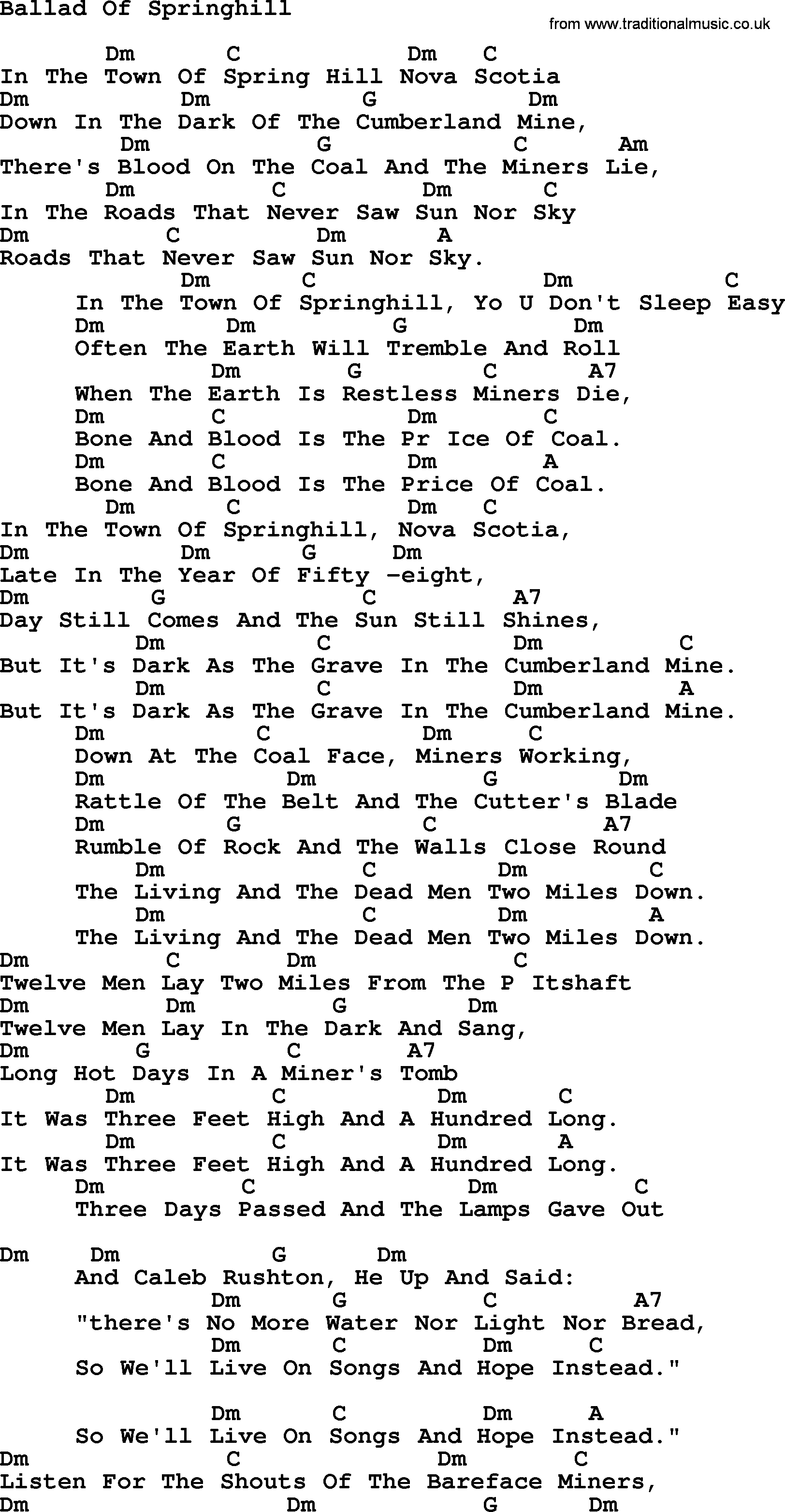 Peter, Paul and Mary song Ballad Of Springhill, lyrics and chords