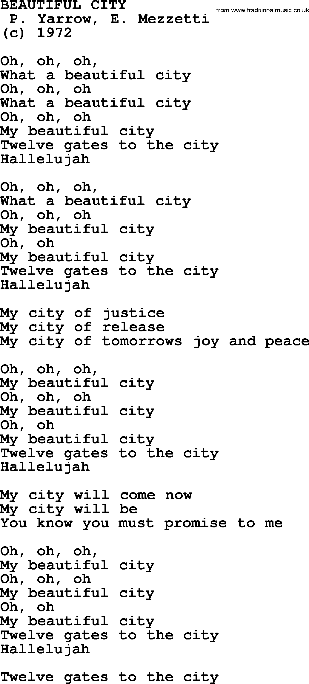 Peter, Paul and Mary song Beautiful City lyrics