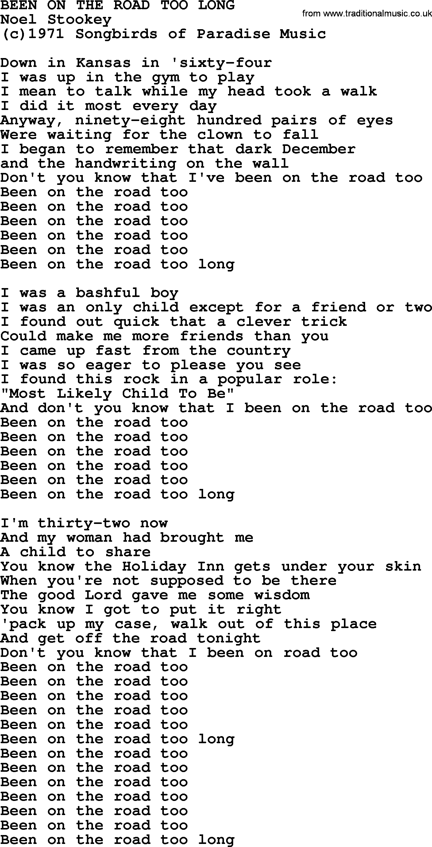 Peter, Paul and Mary song Been On The Road Too Long lyrics